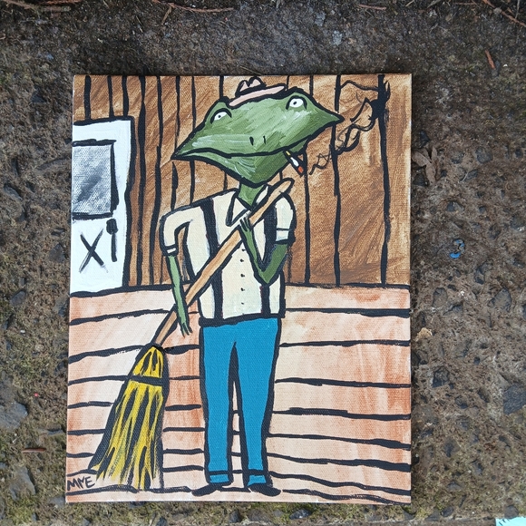 Frog Sweeping Porch Painting Folk Art Original - Picture 7 of 10